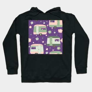 Repeat pattern of vintage caravans and daisies in pastel pinks and greens on purple Hoodie